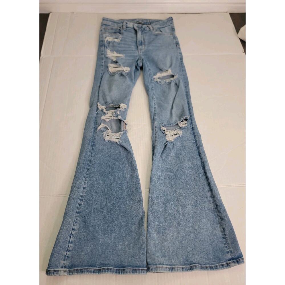AMERICAN EAGLE Flare Jeans SZ 6 Super High Rise Distressed Cross Waist Y2K 90s - Picture 2 of 11